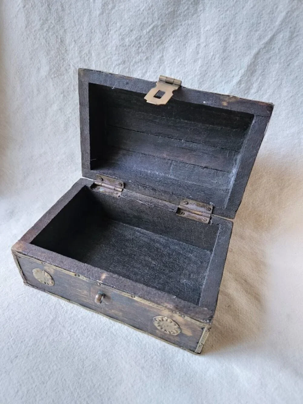 Vintage Small Treasure Chest Old Wooden Box With Brass Accents B